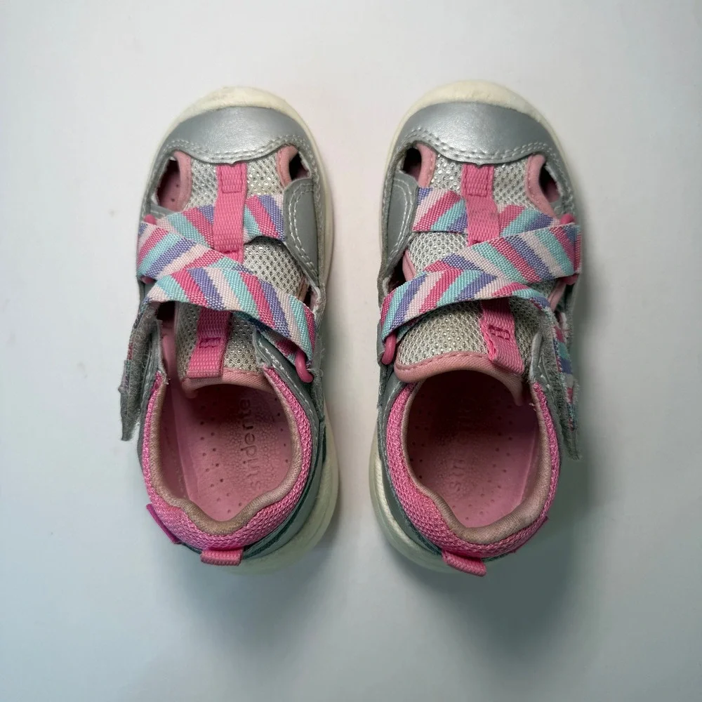 Stride Rite SRT Surf Toddler Sandals Silver Pink Striped Girls Size 6.5